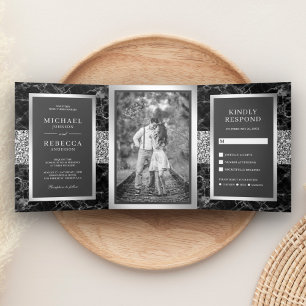 Invitación Tríptica Boda gris oscuro Purpurina de plata mármol negro