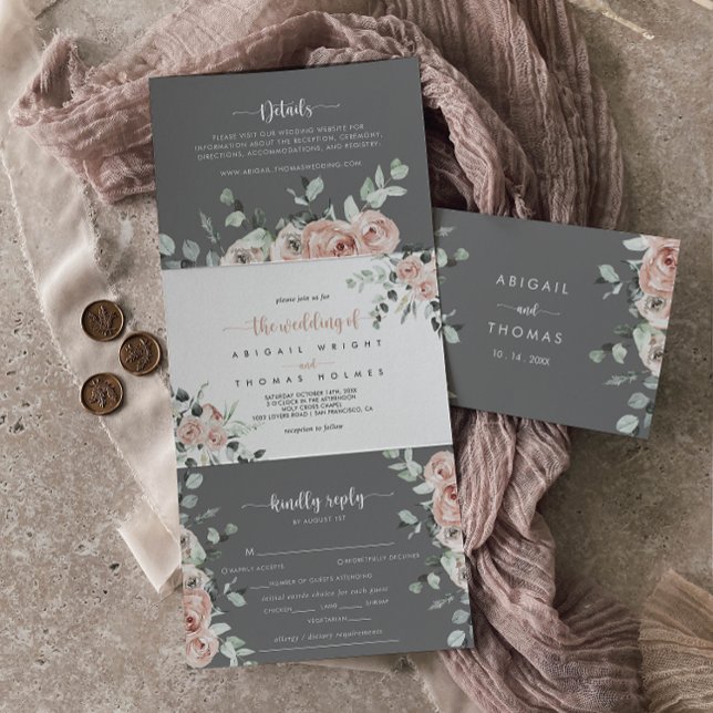 Invitación Tríptica Boda gris rosa rosa floral rosa clásico (Subido por el creador)