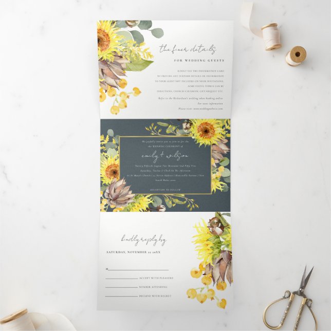 INVITACIÓN TRÍPTICA BODA GRIS SUNFLOWER EUCALYPTUS WATERCOLOR FLORA (Interior)
