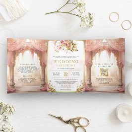 Invitación Tríptica Boda hindú de Mandap indio con flores rosadas de s