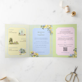 Invitación Tríptica Boda Ilustración Acuarela Azul Cítrico