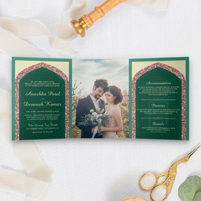 Invitación Tríptica Boda India Brillo Rosa Dorado Verde Menta (Subido por el creador)