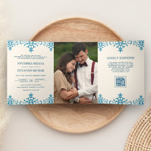 Invitación Tríptica Boda India Código QR Étnico Damasco Azul Marfil