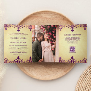 Invitación Tríptica Boda India Código QR Étnico Damasco Púrpura Rústic