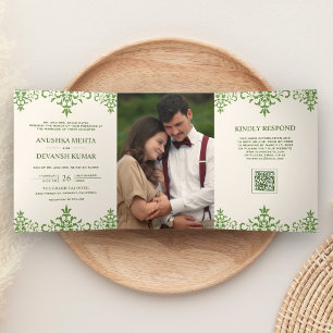 Invitación Tríptica Boda india código QR étnico damasco verde marfil