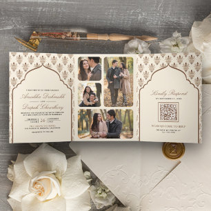 Invitación Tríptica Boda India Cream Brown Ikat Todo en Uno