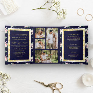 Invitación Tríptica Boda India Dorada Floral Azul Oscuro Todo en Uno