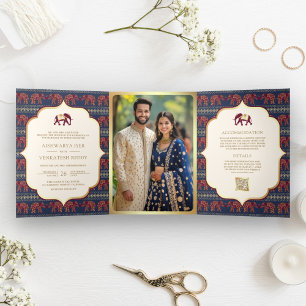Invitación Tríptica Boda india elefante azul marino borgoña dorado