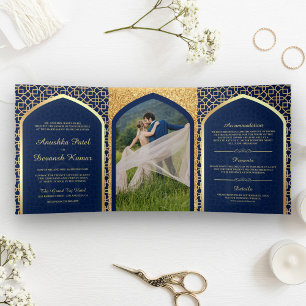 Invitación Tríptica Boda India estilo Bollywood azul y dorado