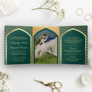 Invitación Tríptica Boda India Estilo Bollywood Verde Turquesa y Dorad