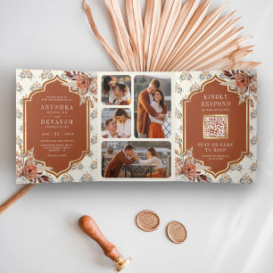 Invitación Tríptica Boda India Floral Naranja Quemada de Terracota