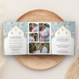 Invitación Tríptica Boda India Floral Rosa Azul Suave Todo en Uno