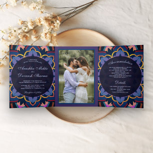 Invitación Tríptica Boda India Mandala Foto Azul Amarillo Púrpura