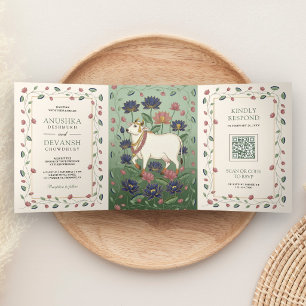 Invitación Tríptica Boda india Pichwai Kamdhenu Vaca y Loto