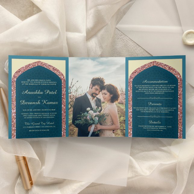 Invitación Tríptica Boda India Rosa Dorado Glitter Azul Oceánico (Subido por el creador)