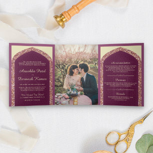 Invitación Tríptica Boda India Rosa Malva Dorado Brillante
