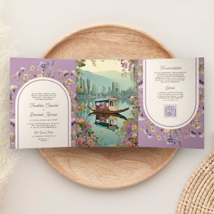 Invitación Tríptica Boda india Shikara Kashmir Lago Dal Floral