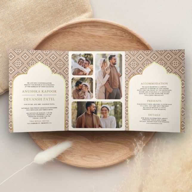 Invitación Tríptica Boda India Todo en Uno Geométrico Crema Boho (Subido por el creador)