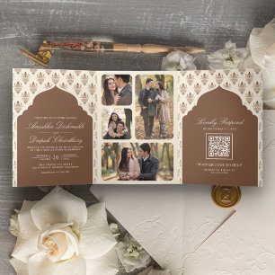 Invitación Tríptica Boda India Todo en Uno Ikat Crema Marrón