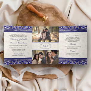 Invitación Tríptica Boda India Todo en Uno Marfil Azul Real con Borde