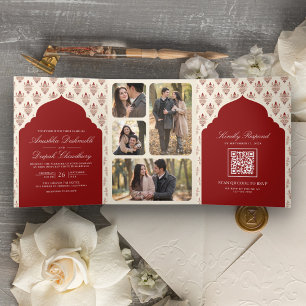 Invitación Tríptica Boda India Todo en Uno Red Cream Ikat