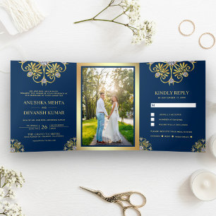 Invitación Tríptica Boda India Tradicional Mandala Azul y Dorado