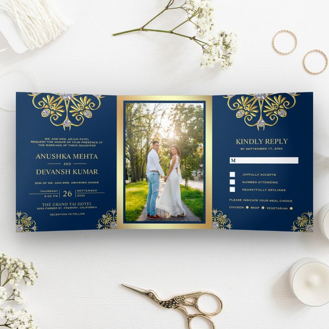 Invitación Tríptica Boda India Tradicional Mandala Azul y Dorado (Subido por el creador)