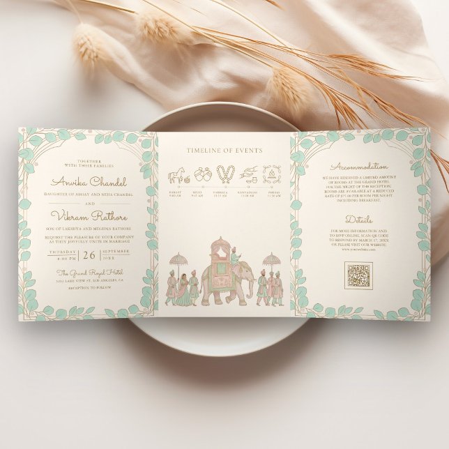 Invitación Tríptica Boda India Tradicional Pastel Elefante Baraat (Subido por el creador)
