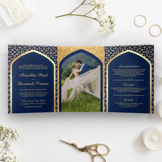 Invitación Tríptica Boda indio al estilo de Bollywood azul y oro (Subido por el creador)