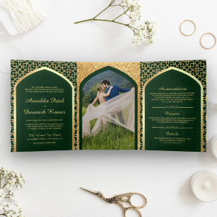 Invitación Tríptica Boda indio al estilo de Bollywood Green y Gold