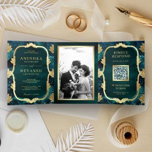 Invitación Tríptica Boda indio de Galaxy Gold Lotus QR Code