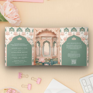 Invitación Tríptica Boda indio de rato verde pastel negro de Rubor