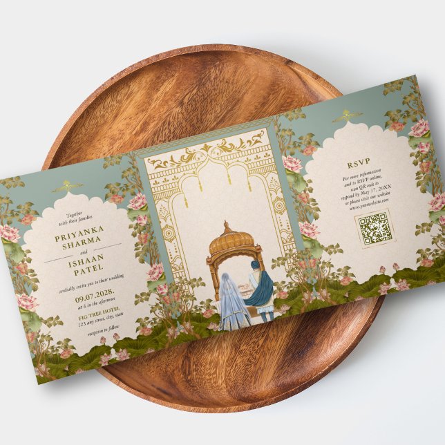Invitación Tríptica Boda indio estético código QR Todo en uno (Indian Wedding All in One QR Code Invitation Aesthetic Floral Arch Gold )
