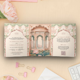 Invitación Tríptica Boda indio Rubor Pink Mint Green Lotus Garden