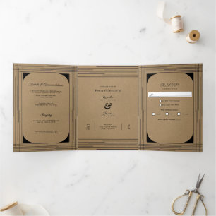 Invitación Tríptica Boda Líneas Modernas Mínimas Kraft Negro