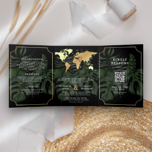 Invitación Tríptica Boda Mapa Mundial Destino Tropical Oro Negro