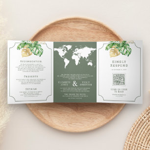 Invitación Tríptica Boda Mapa Mundial Verde Saga Hojas Tropicales