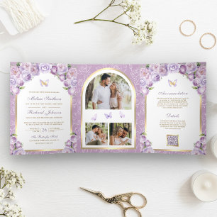 Invitación Tríptica Boda Mariposa Arco Floral Púrpura Lavanda Dorado
