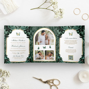Invitación Tríptica Boda Mariposa Arco Floral Verde Esmeralda Dorado