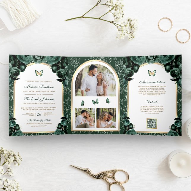 Invitación Tríptica Boda Mariposa Arco Floral Verde Esmeralda Dorado (Subido por el creador)