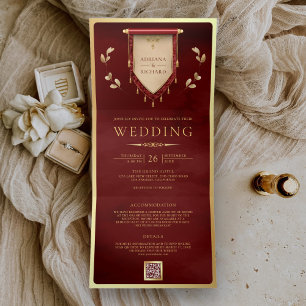 Invitación Tríptica Boda medieval de pergamino de oro rojo marrón anti