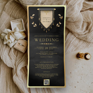 Invitación Tríptica Boda Medieval Pergamino Negro Antiguo