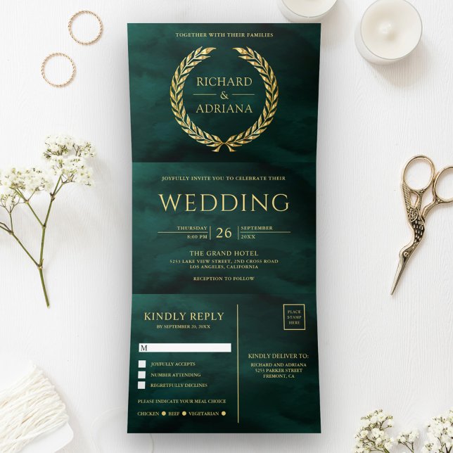 Invitación Tríptica Boda Minimal Todo en Uno de Oro Esmeralda Laurel (Subido por el creador)