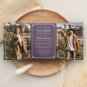 Invitación Tríptica Boda Minimalista con Código QR de Color Morado Pol