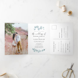 Invitación Tríptica boda minimalista de color de agua verde todo en un