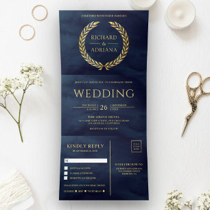 Invitación Tríptica Boda minimalista de oro y azul marino todo en uno