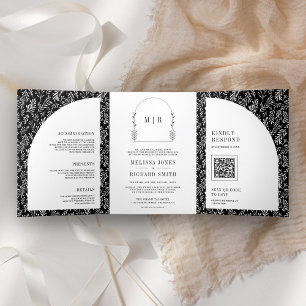 Invitación Tríptica Boda Minimalista en Blanco y Negro con Hoja de Art