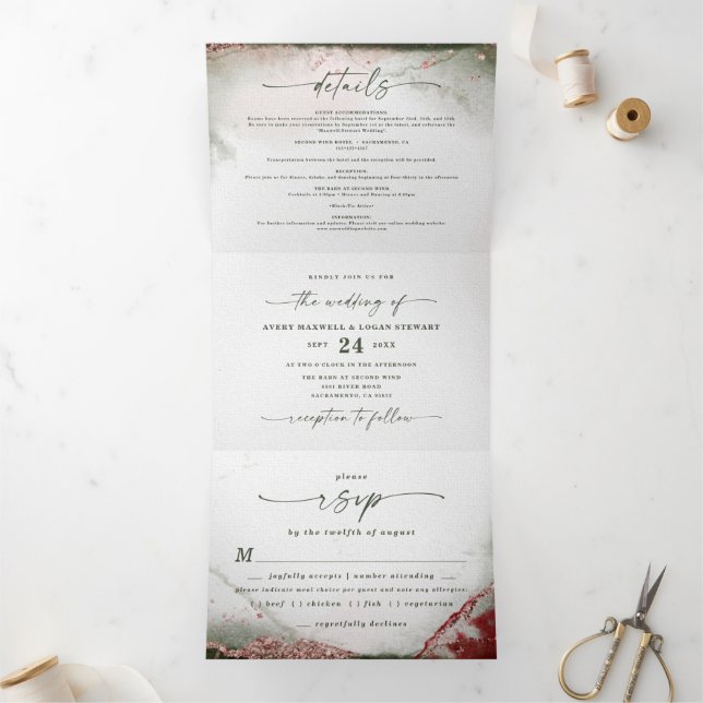 Invitación Tríptica Boda Moderna Abstracta de Acuarela en Rosa Terraco (Interior)