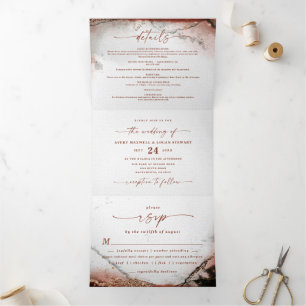 Invitación Tríptica Boda moderna abstracta rústica de otoño en naranja