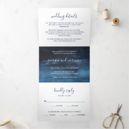 Invitación Tríptica Boda moderna acuarela azul marino simple